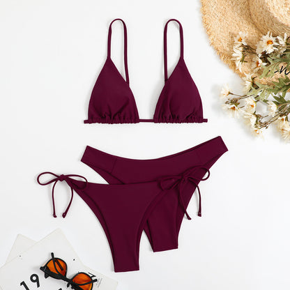 3-Pieces Two Style Bottom Triangle Bikini Sets, High Cut Solid Color Two Piece Swimsuit, Women's Swimwear