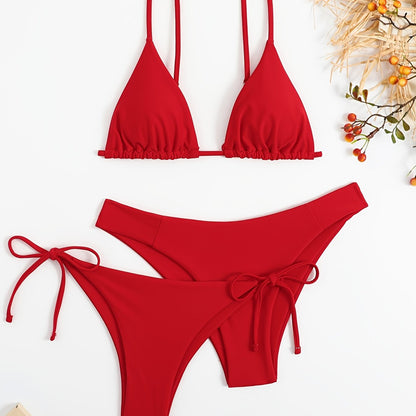 3-Pieces Two Style Bottom Triangle Bikini Sets, High Cut Solid Color Two Piece Swimsuit, Women's Swimwear