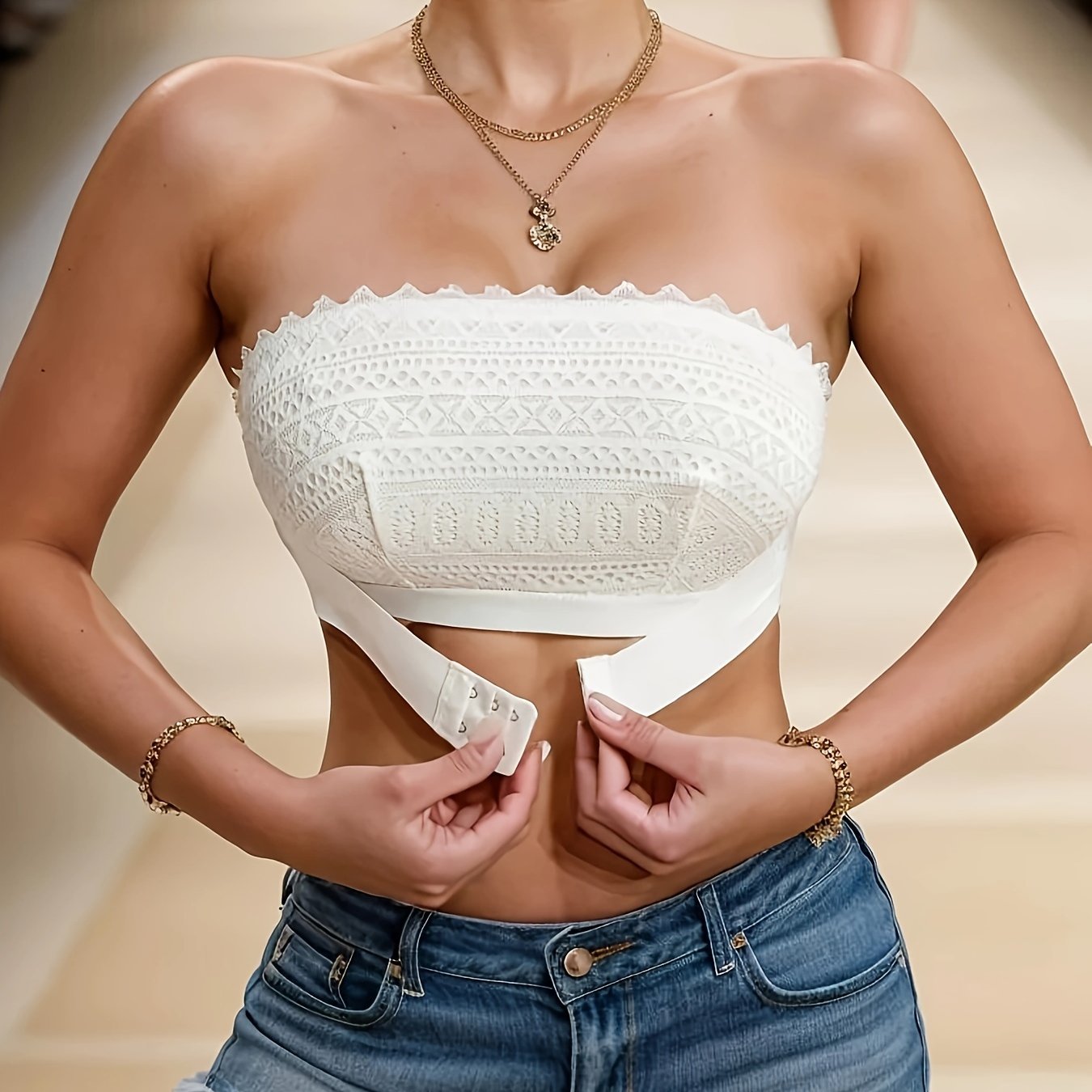 Floral Lace Non Padded Invisible Strapless Bra, Front Buckle Wireless Non-slip Tube Bra, Women's Lingerie