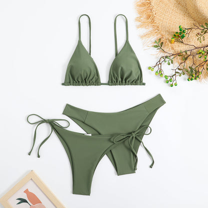 3-Pieces Two Style Bottom Triangle Bikini Sets, High Cut Solid Color Two Piece Swimsuit, Women's Swimwear