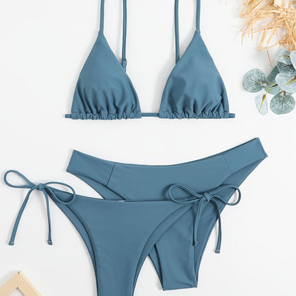 3-Pieces Two Style Bottom Triangle Bikini Sets, High Cut Solid Color Two Piece Swimsuit, Women's Swimwear