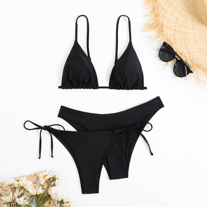 3-Pieces Two Style Bottom Triangle Bikini Sets, High Cut Solid Color Two Piece Swimsuit, Women's Swimwear