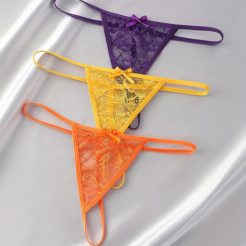 3-Piece Women's Lace Thong Panties Set, Sexy Low-Rise Seamless Thong Underwear With Bow Detail